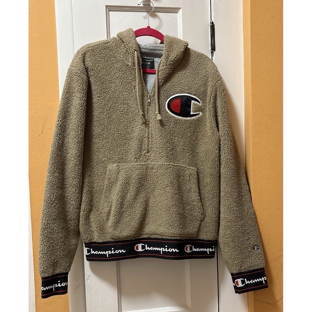 Champion Mens Sherpa Fleece Half Zip 1/2 Pullover Hoodie Khaki Beige Size M
